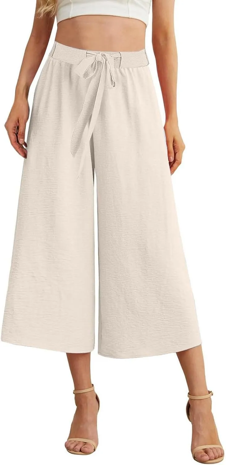 Womens Summer 3/4 Pants Flowy High Waisted Loose Casual Lounge Pant Wide Leg Palazzo Capris Adjustable Pockets S-XXL