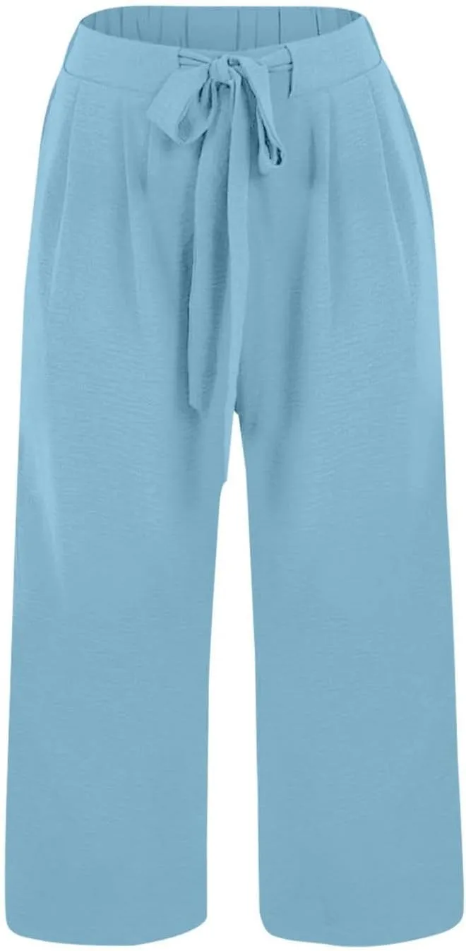 Womens Summer 3/4 Pants Flowy High Waisted Loose Casual Lounge Pant Wide Leg Palazzo Capris Adjustable Pockets S-XXL