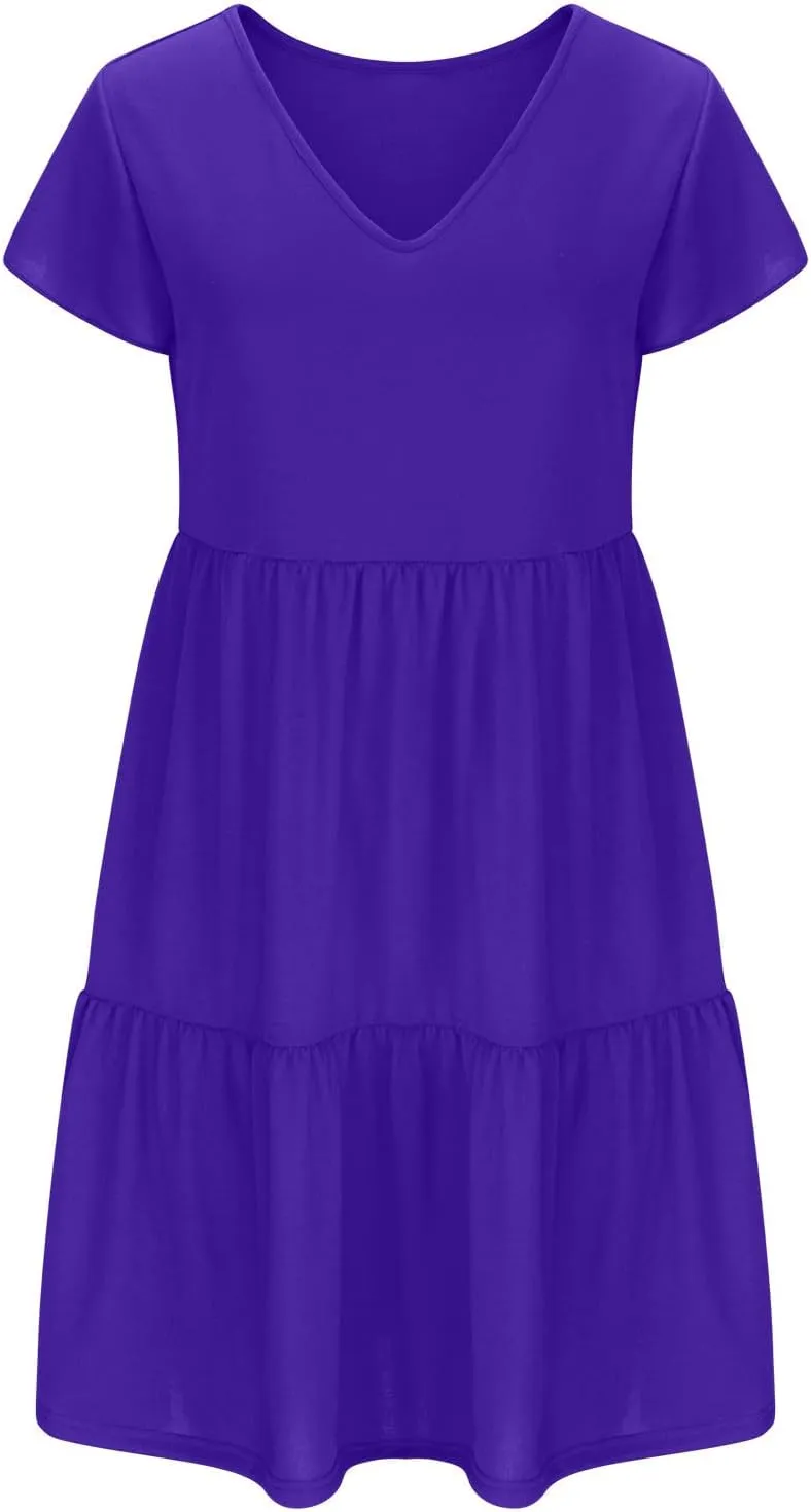 Womens Summer Boho Dresses Ruffle Short Sleeve V Neck Dress Tiered Swing A Line Dress Casual Babydoll Mini Sundress