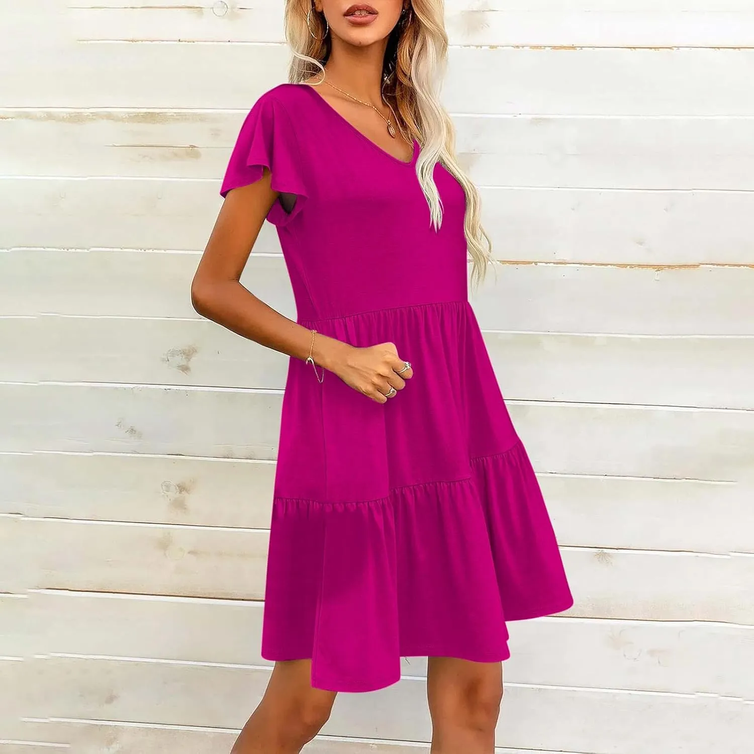 Womens Summer Boho Dresses Ruffle Short Sleeve V Neck Dress Tiered Swing A Line Dress Casual Babydoll Mini Sundress