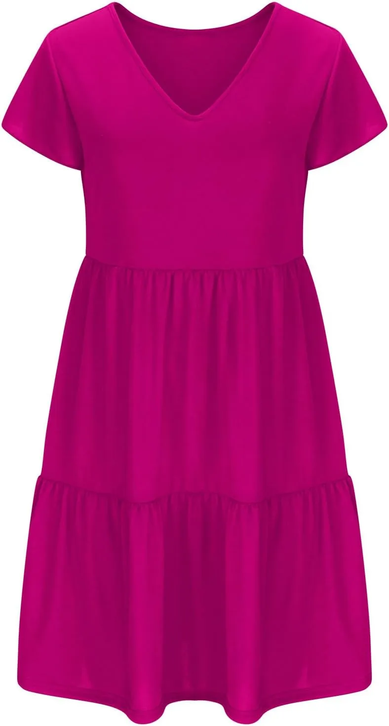 Womens Summer Boho Dresses Ruffle Short Sleeve V Neck Dress Tiered Swing A Line Dress Casual Babydoll Mini Sundress