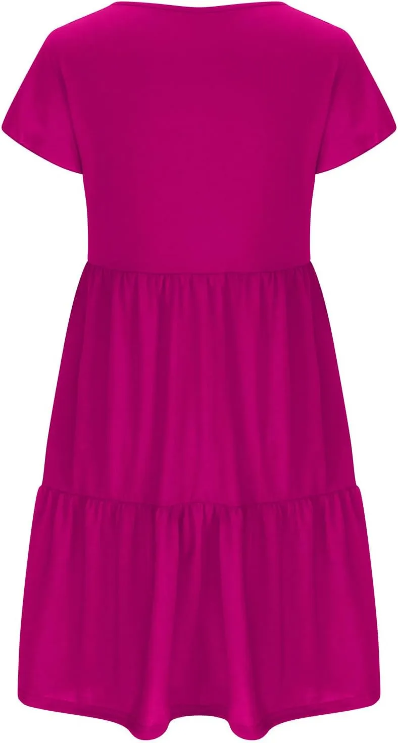 Womens Summer Boho Dresses Ruffle Short Sleeve V Neck Dress Tiered Swing A Line Dress Casual Babydoll Mini Sundress