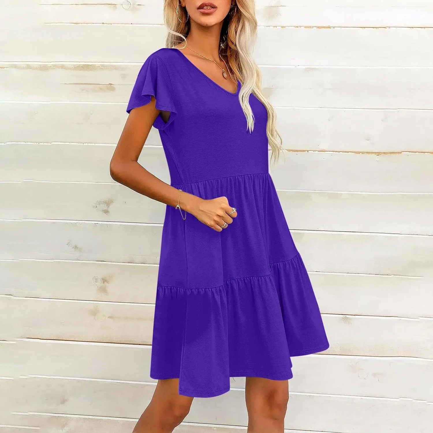 Womens Summer Boho Dresses Ruffle Short Sleeve V Neck Dress Tiered Swing A Line Dress Casual Babydoll Mini Sundress
