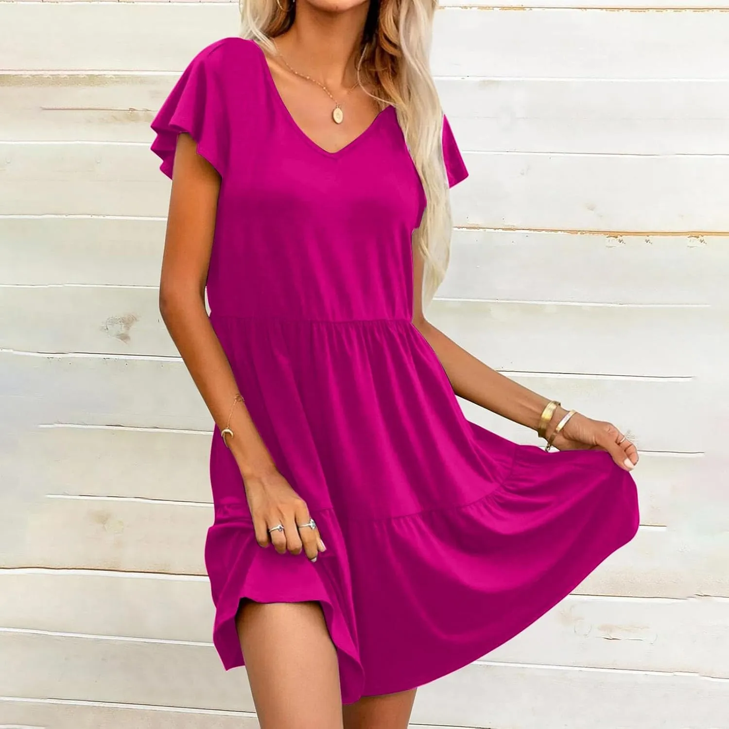 Womens Summer Boho Dresses Ruffle Short Sleeve V Neck Dress Tiered Swing A Line Dress Casual Babydoll Mini Sundress