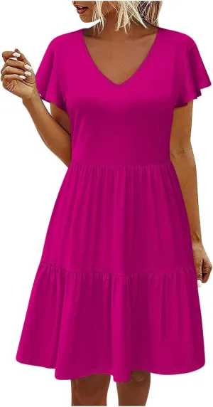 Womens Summer Boho Dresses Ruffle Short Sleeve V Neck Dress Tiered Swing A Line Dress Casual Babydoll Mini Sundress