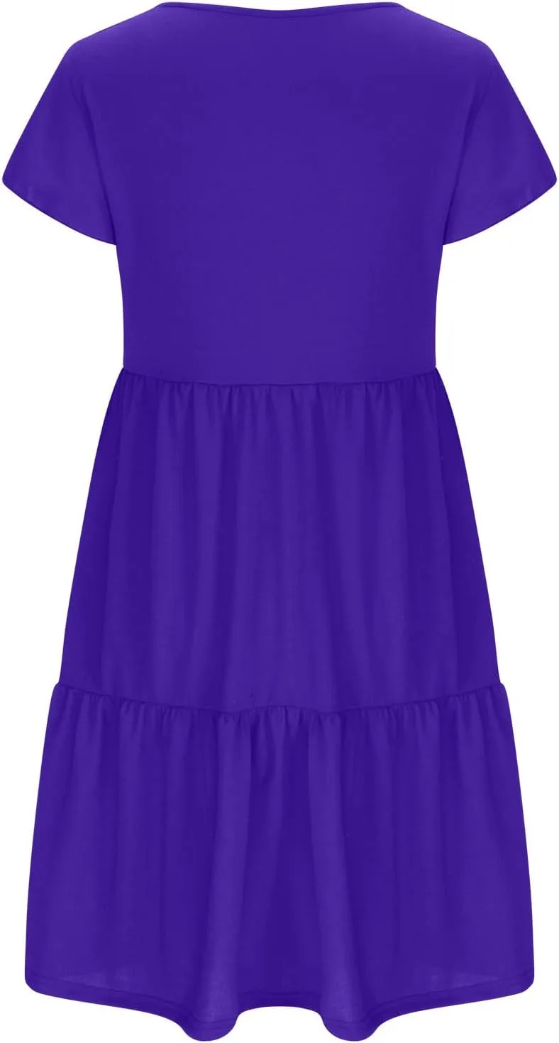 Womens Summer Boho Dresses Ruffle Short Sleeve V Neck Dress Tiered Swing A Line Dress Casual Babydoll Mini Sundress