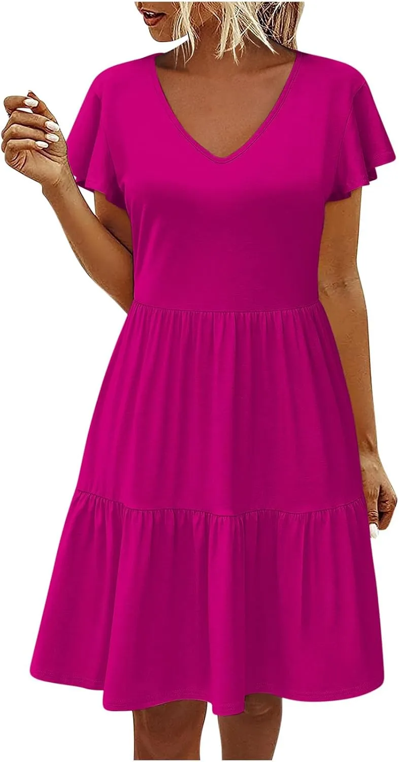 Womens Summer Boho Dresses Ruffle Short Sleeve V Neck Dress Tiered Swing A Line Dress Casual Babydoll Mini Sundress