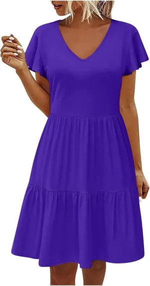 Womens Summer Boho Dresses Ruffle Short Sleeve V Neck Dress Tiered Swing A Line Dress Casual Babydoll Mini Sundress