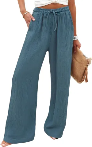 Women's Summer Cotton Linen Drawstring Straight Leg Palazzo Pants High Waist Beach Flowy Trouser Pant with Pocket
