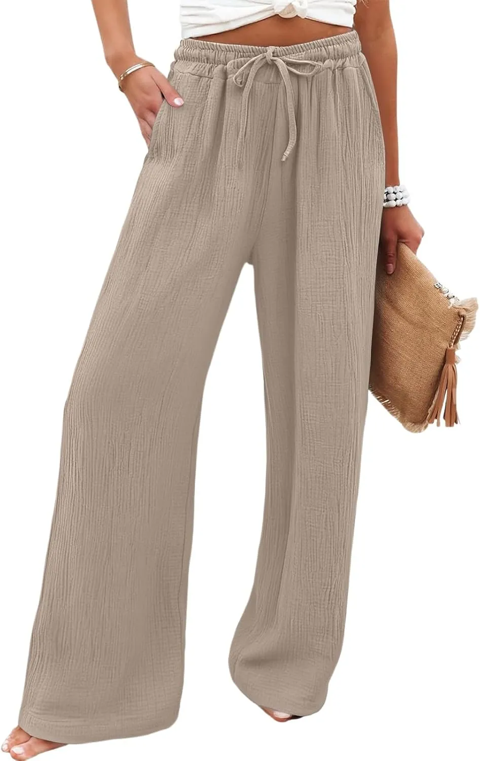 Women's Summer Cotton Linen Drawstring Straight Leg Palazzo Pants High Waist Beach Flowy Trouser Pant with Pocket