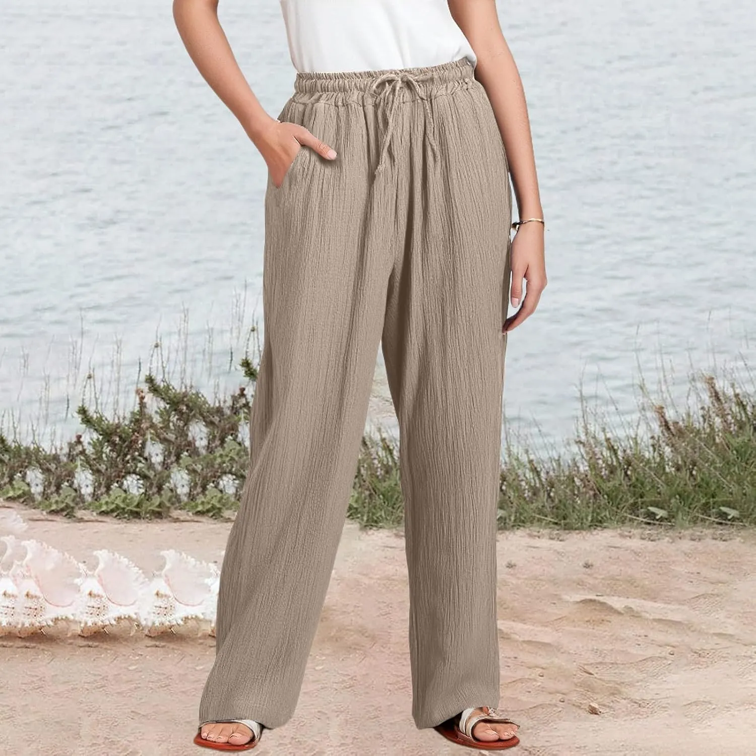 Women's Summer Cotton Linen Drawstring Straight Leg Palazzo Pants High Waist Beach Flowy Trouser Pant with Pocket