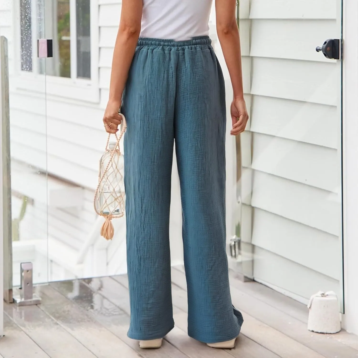 Women's Summer Cotton Linen Drawstring Straight Leg Palazzo Pants High Waist Beach Flowy Trouser Pant with Pocket