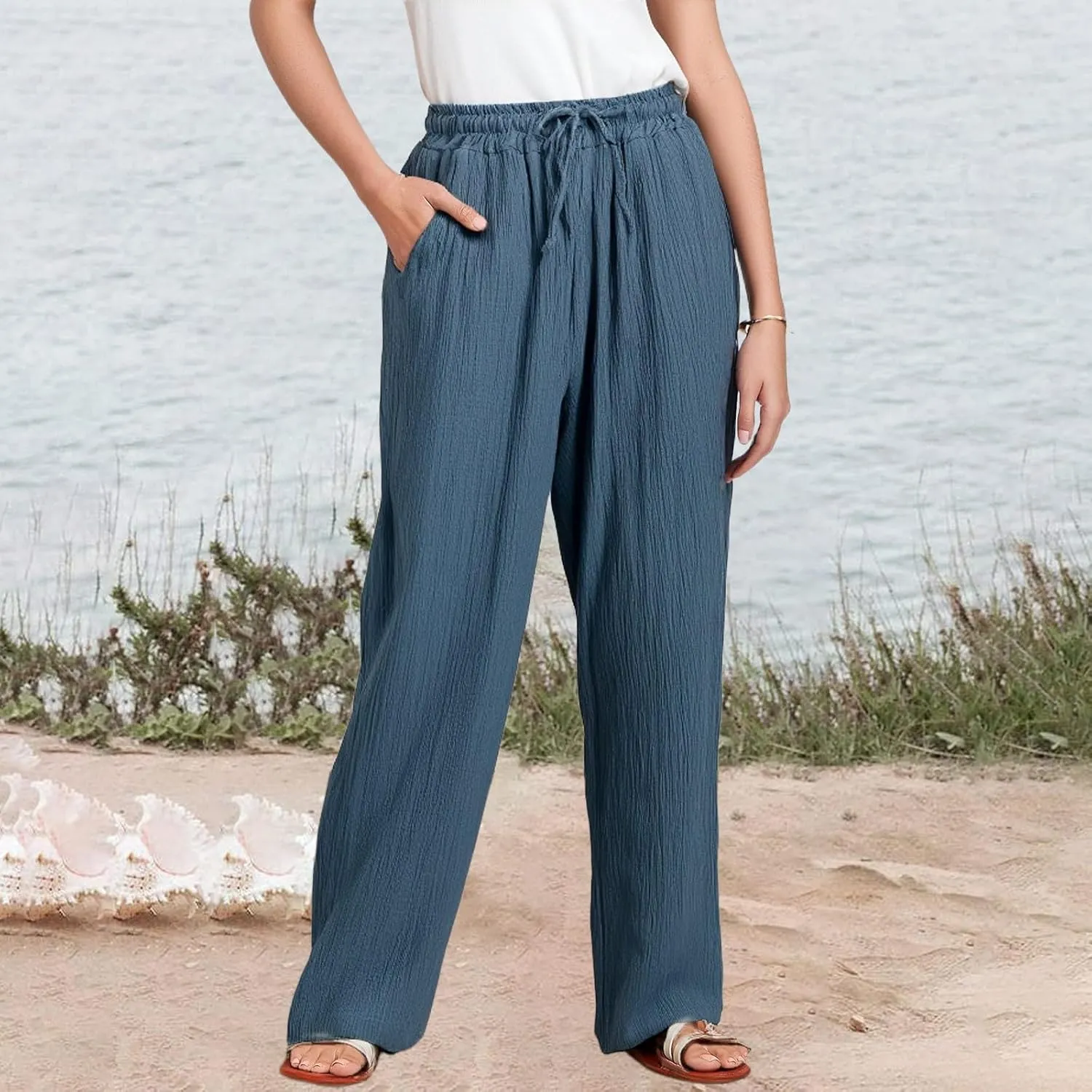 Women's Summer Cotton Linen Drawstring Straight Leg Palazzo Pants High Waist Beach Flowy Trouser Pant with Pocket