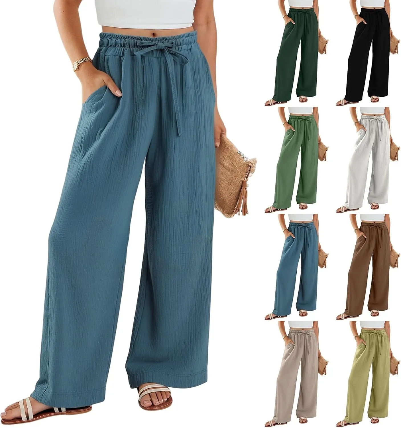 Women's Summer Cotton Linen Drawstring Straight Leg Palazzo Pants High Waist Beach Flowy Trouser Pant with Pocket