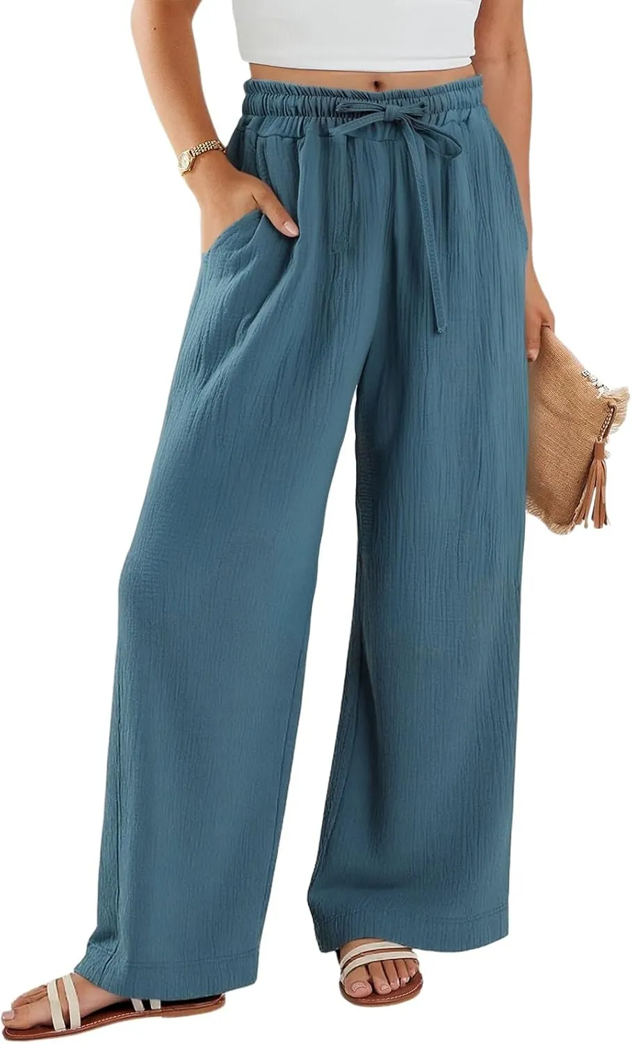 Women's Summer Cotton Linen Drawstring Straight Leg Palazzo Pants High Waist Beach Flowy Trouser Pant with Pocket