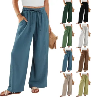 Women's Summer Cotton Linen Drawstring Straight Leg Palazzo Pants High Waist Beach Flowy Trouser Pant with Pocket