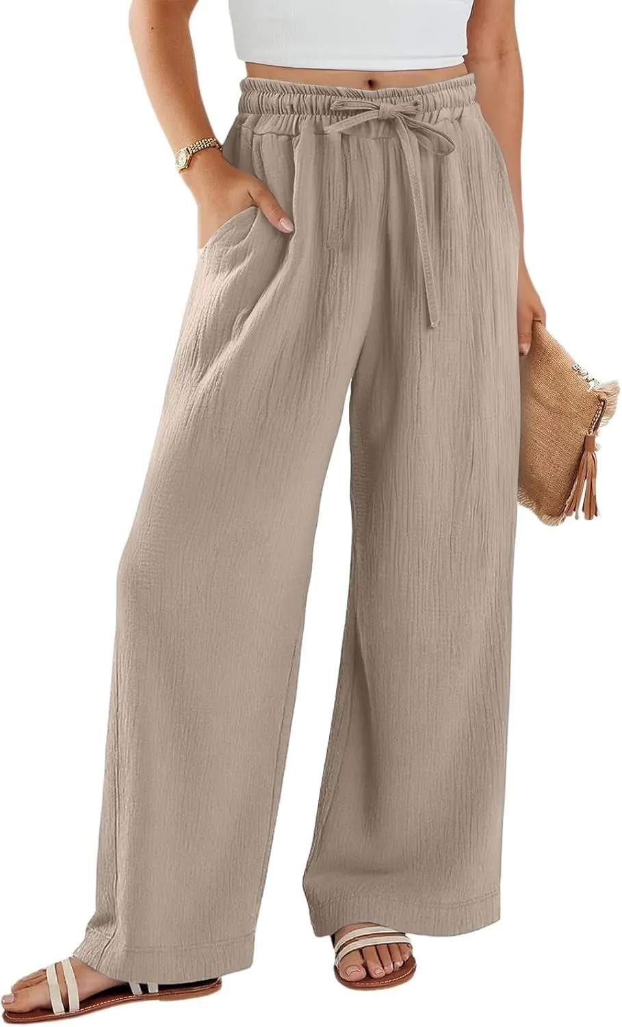 Women's Summer Cotton Linen Drawstring Straight Leg Palazzo Pants High Waist Beach Flowy Trouser Pant with Pocket