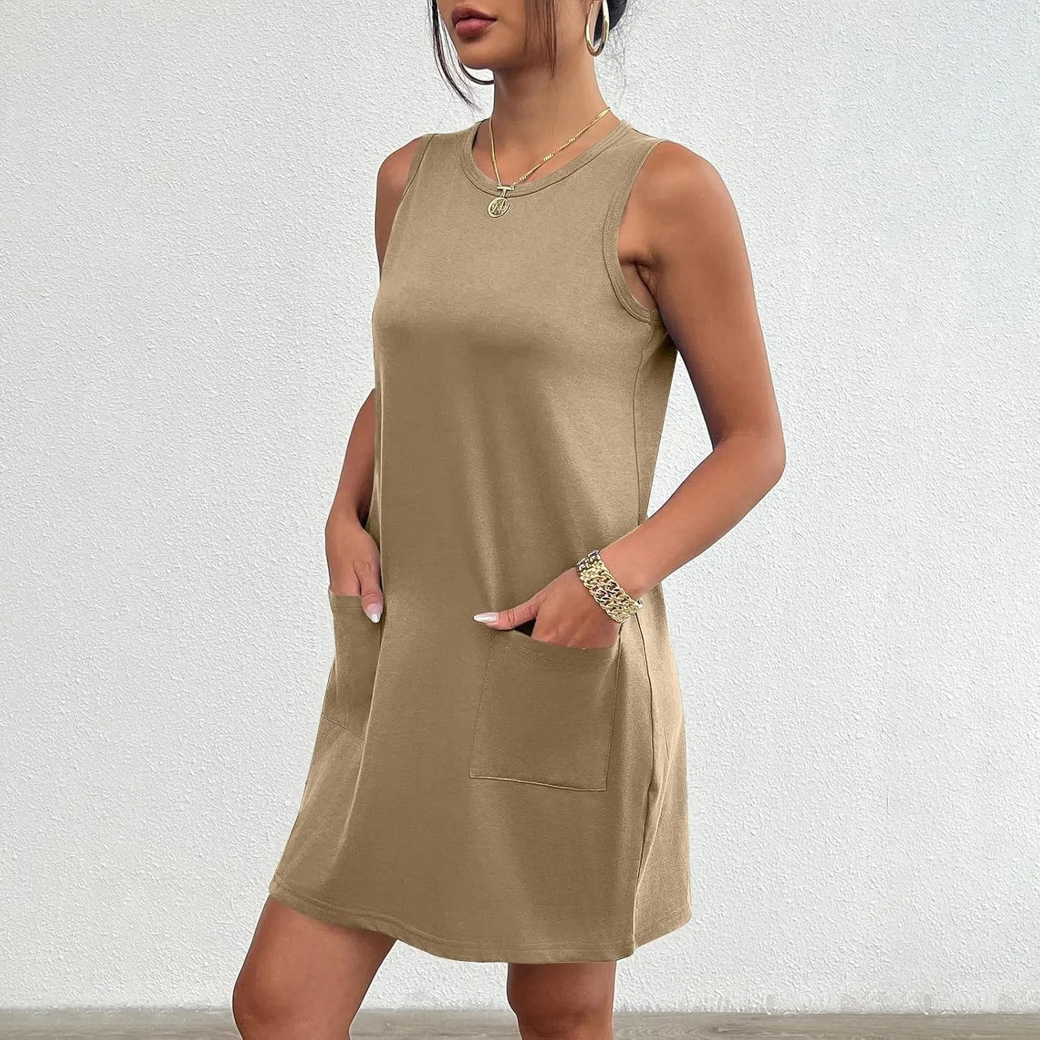 Womens Summer Dress Vacation Sleeveless Tank Crewneck A-Line Midi Dress Flowy Sundress Swing Party Short Dresses