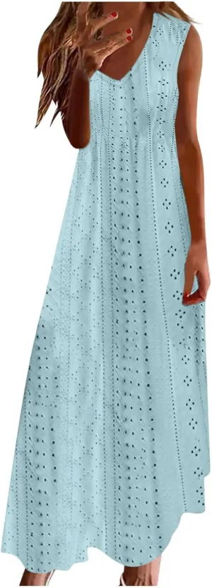 Womens Summer Dresses Boho Dress Spaghetti Strap Eyelet Maxi Dress Casual Beach Sundresses Bohemian Vacation Outfits