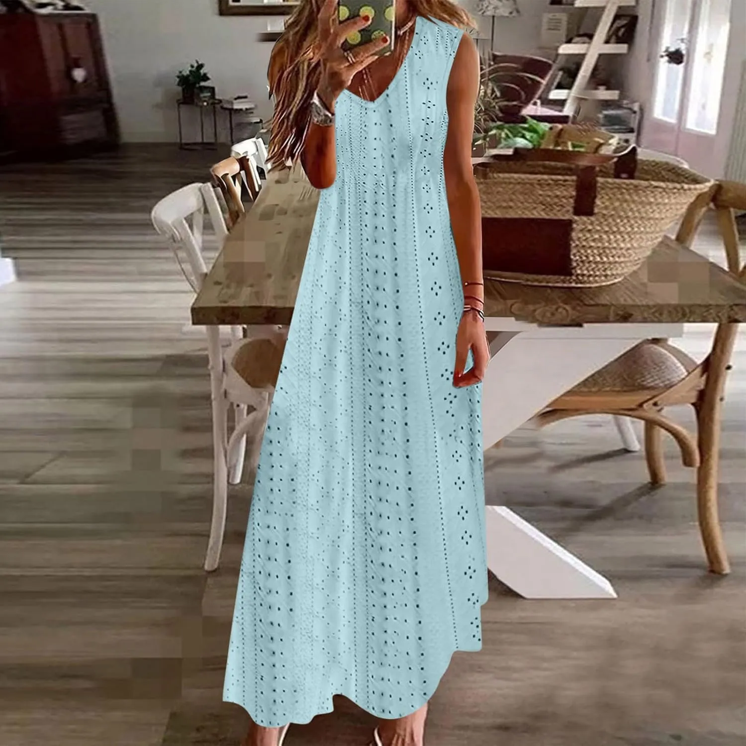 Womens Summer Dresses Boho Dress Spaghetti Strap Eyelet Maxi Dress Casual Beach Sundresses Bohemian Vacation Outfits