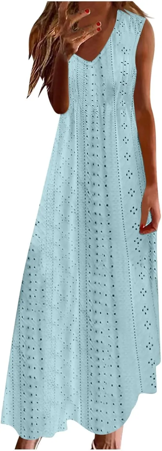 Womens Summer Dresses Boho Dress Spaghetti Strap Eyelet Maxi Dress Casual Beach Sundresses Bohemian Vacation Outfits