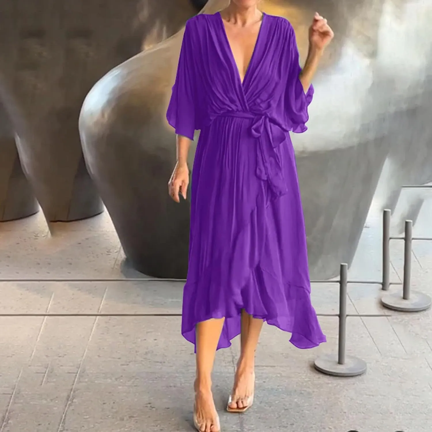 Women's Summer Dresses Casual Long Lantern Sleeve V Neck Ruffle High Waist Tie Waist Plus Size Dress for Women Casual