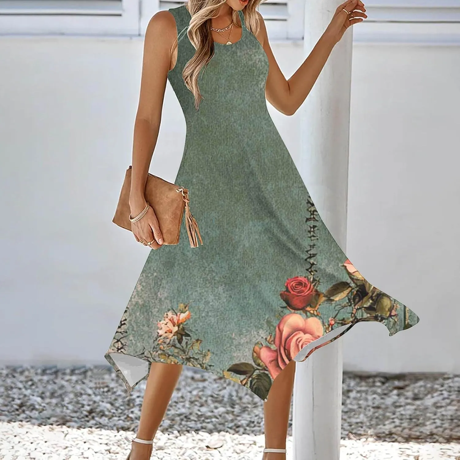 Womens Summer Dresses Loose Sleeveless Crew Neck Beach Irregular Dress with Pockets Printed 2025 Fashion Sundresses