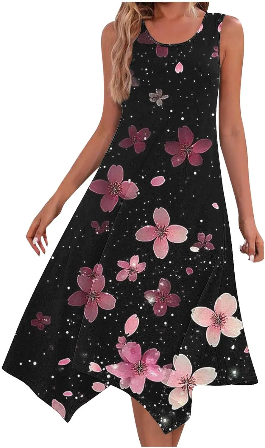 Womens Summer Dresses Loose Sleeveless Crew Neck Beach Irregular Dress with Pockets Printed 2025 Fashion Sundresses