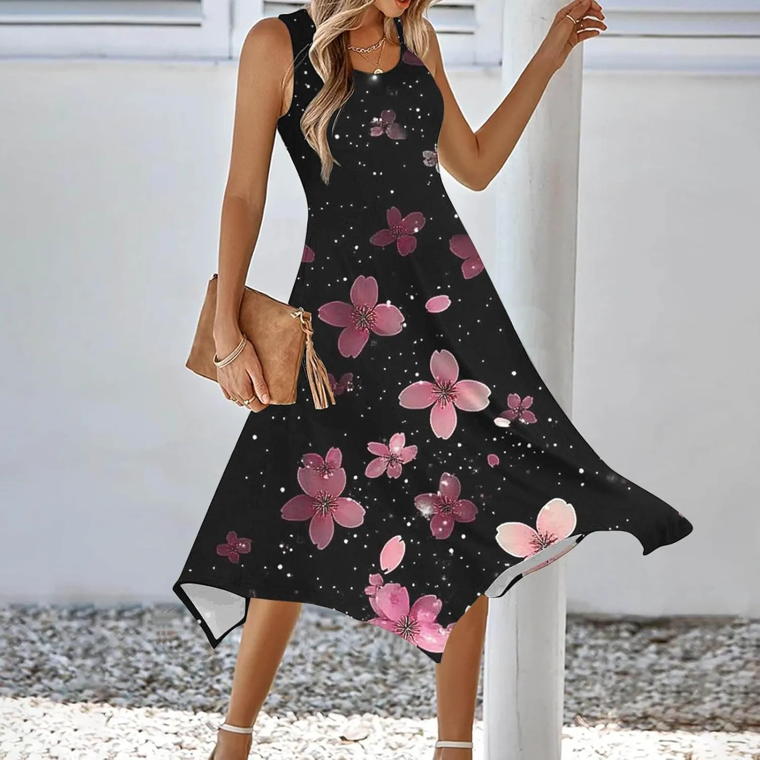 Womens Summer Dresses Loose Sleeveless Crew Neck Beach Irregular Dress with Pockets Printed 2025 Fashion Sundresses
