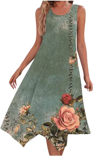Womens Summer Dresses Loose Sleeveless Crew Neck Beach Irregular Dress with Pockets Printed 2025 Fashion Sundresses