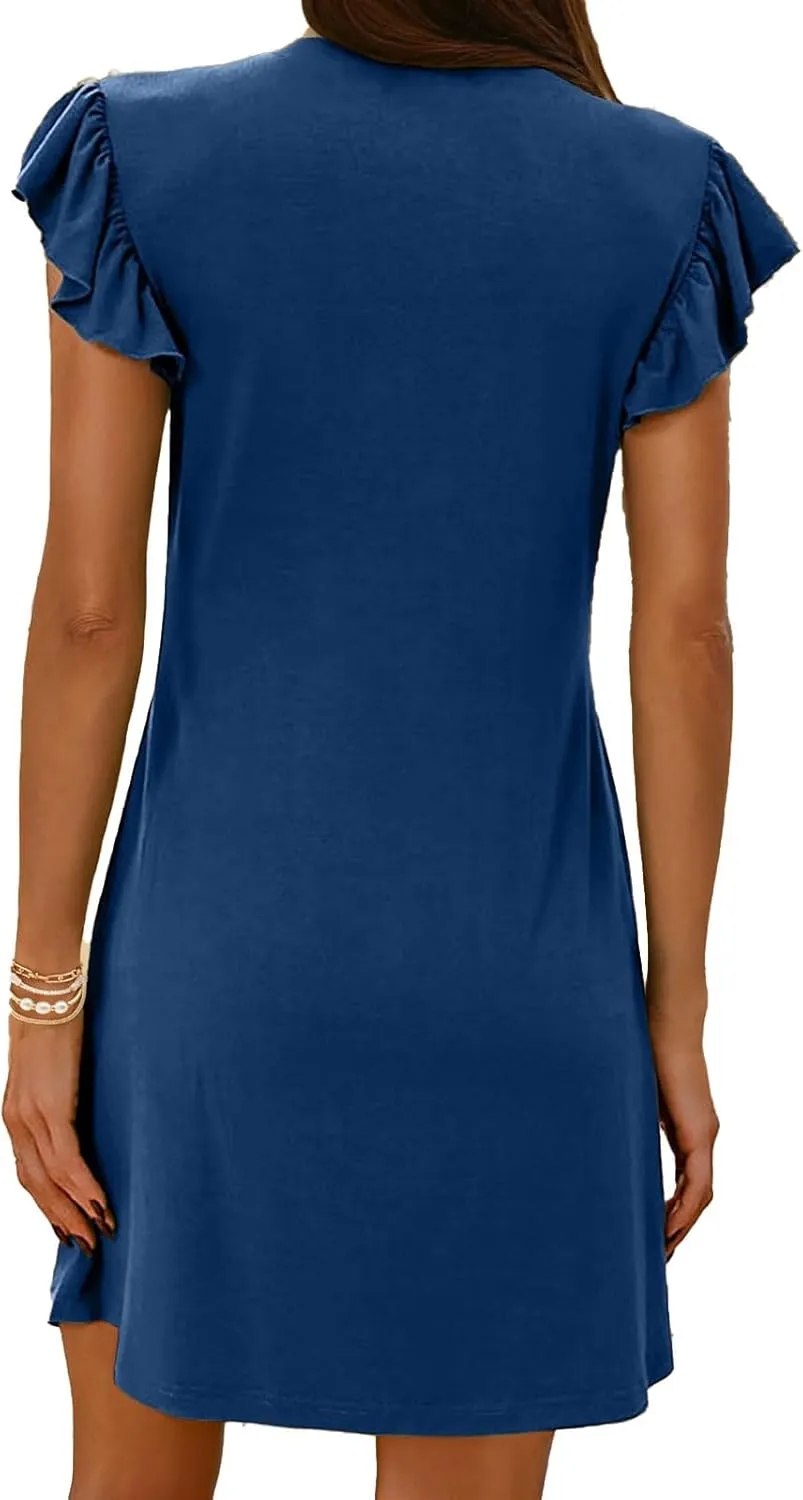 Womens Summer Dresses Ruffle Sleeve Mini Dress V Neck Loose Fit Sundress Beach Vacation Outfits