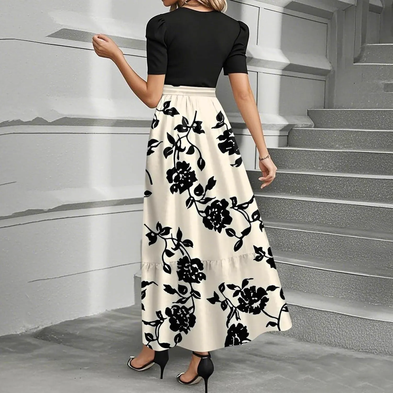 Womens Summer Dresses Trendy Floral Print Short Sleeve Wrap Flowy Maxi Sundress Elegant Ruffle Hem Cocktail Dress
