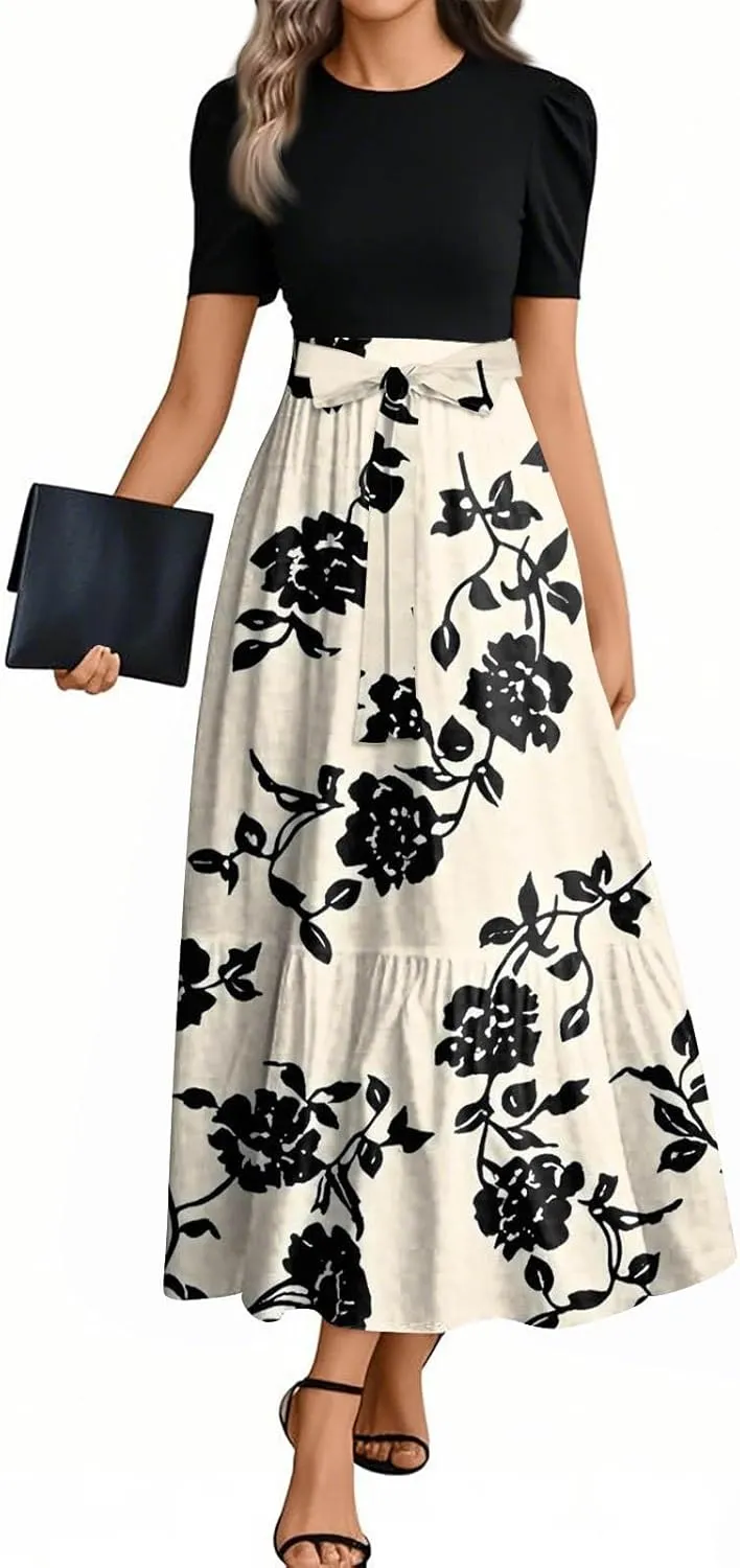 Womens Summer Dresses Trendy Floral Print Short Sleeve Wrap Flowy Maxi Sundress Elegant Ruffle Hem Cocktail Dress