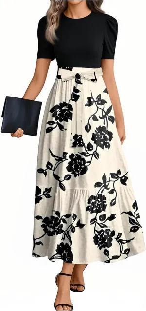 Womens Summer Dresses Trendy Floral Print Short Sleeve Wrap Flowy Maxi Sundress Elegant Ruffle Hem Cocktail Dress