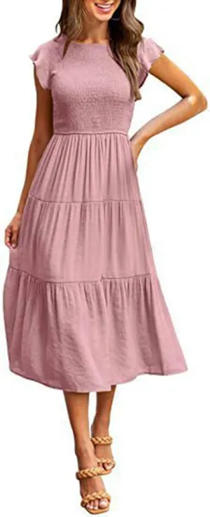 Women's Summer Flowy Midi Dress Casual Cap Sleeve Crew Neck Smocked Beach Dress High Waist Tiered A-Line Sundress