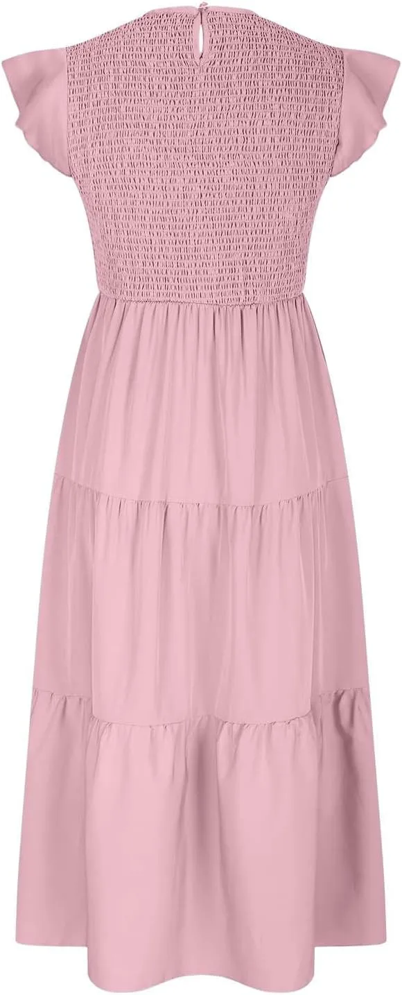 Women's Summer Flowy Midi Dress Casual Cap Sleeve Crew Neck Smocked Beach Dress High Waist Tiered A-Line Sundress