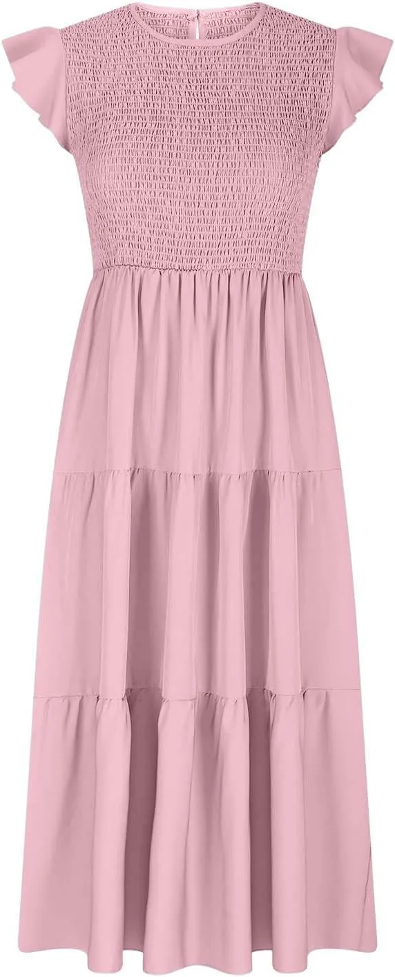 Women's Summer Flowy Midi Dress Casual Cap Sleeve Crew Neck Smocked Beach Dress High Waist Tiered A-Line Sundress