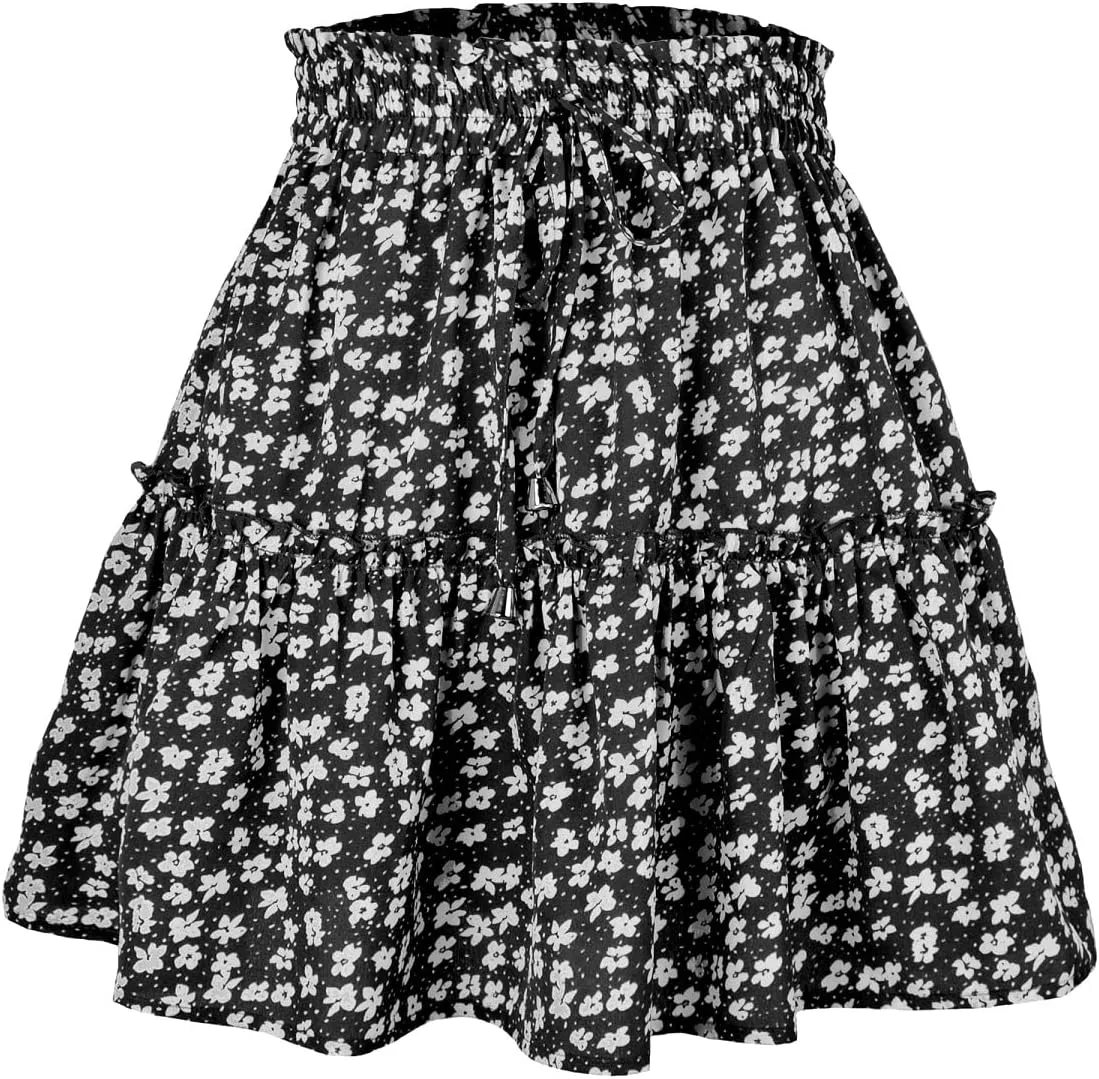 Womens Summer Flowy Tiered Ruffle Mini Skirt Cute High Waist Beach Boho Floral Polka Dot Short Skirts