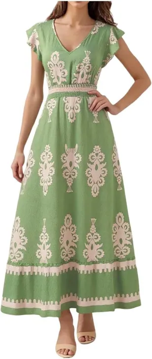 Womens Summer Maxi Dress Floral Printed Casual Sleeveless Spaghetti Strap Elastic Waist Ruffle Beach Sundress 2025 Vacation