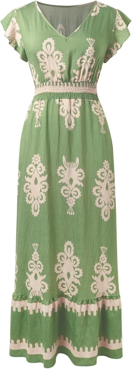 Womens Summer Maxi Dress Floral Printed Casual Sleeveless Spaghetti Strap Elastic Waist Ruffle Beach Sundress 2025 Vacation