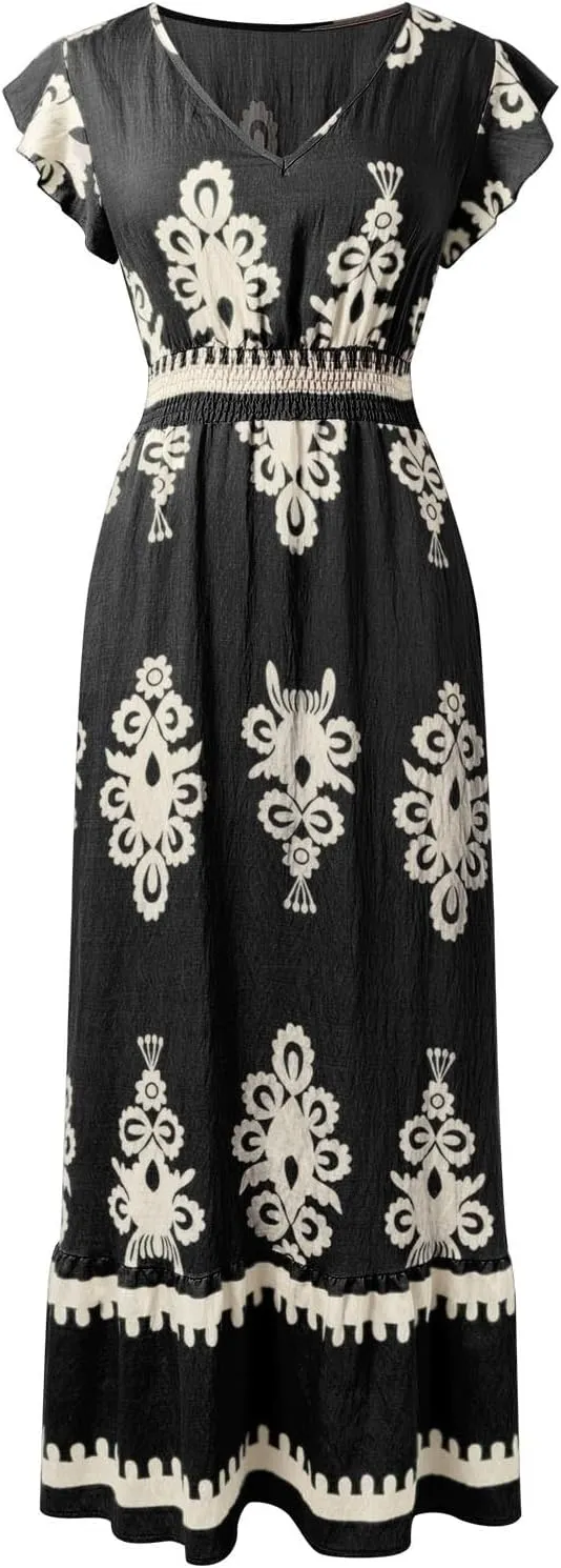 Womens Summer Maxi Dress Floral Printed Casual Sleeveless Spaghetti Strap Elastic Waist Ruffle Beach Sundress 2025 Vacation