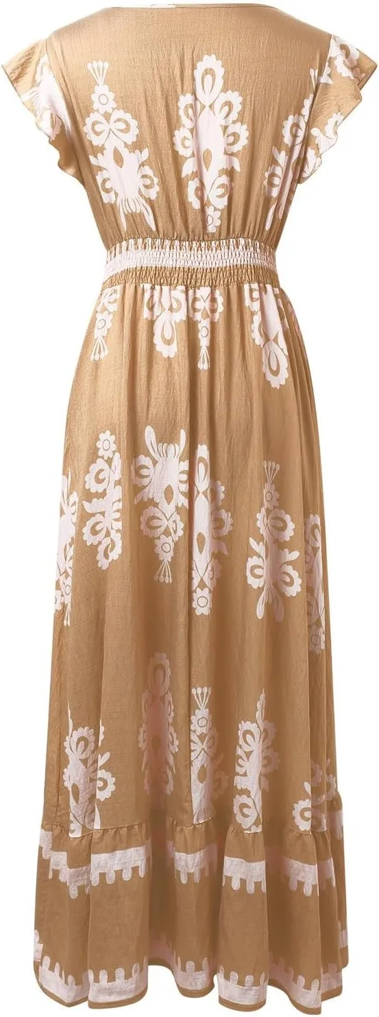 Womens Summer Maxi Dress Floral Printed Casual Sleeveless Spaghetti Strap Elastic Waist Ruffle Beach Sundress 2025 Vacation