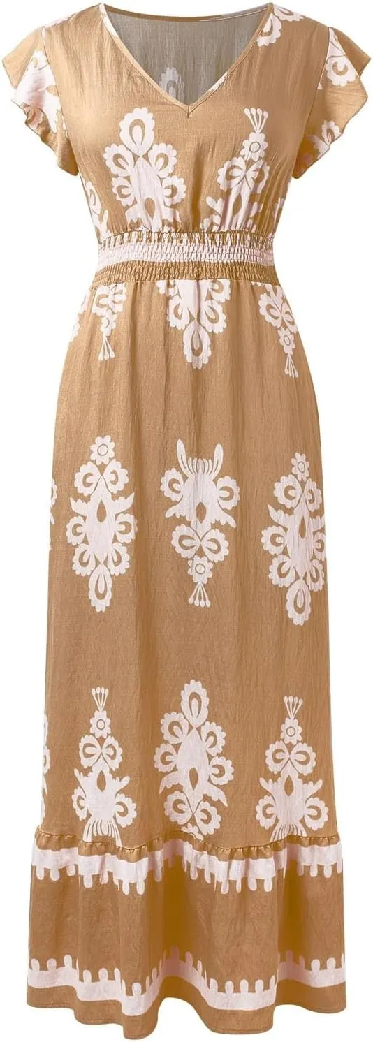 Womens Summer Maxi Dress Floral Printed Casual Sleeveless Spaghetti Strap Elastic Waist Ruffle Beach Sundress 2025 Vacation