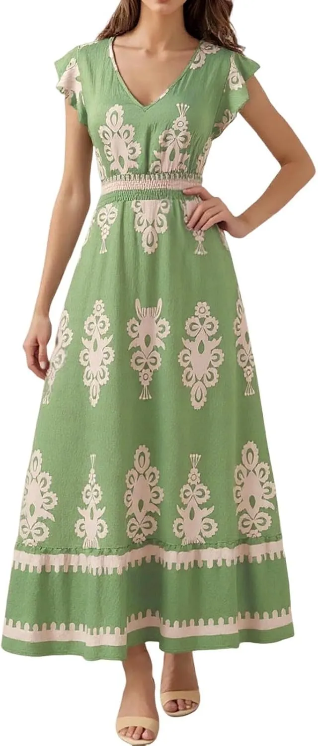 Womens Summer Maxi Dress Floral Printed Casual Sleeveless Spaghetti Strap Elastic Waist Ruffle Beach Sundress 2025 Vacation
