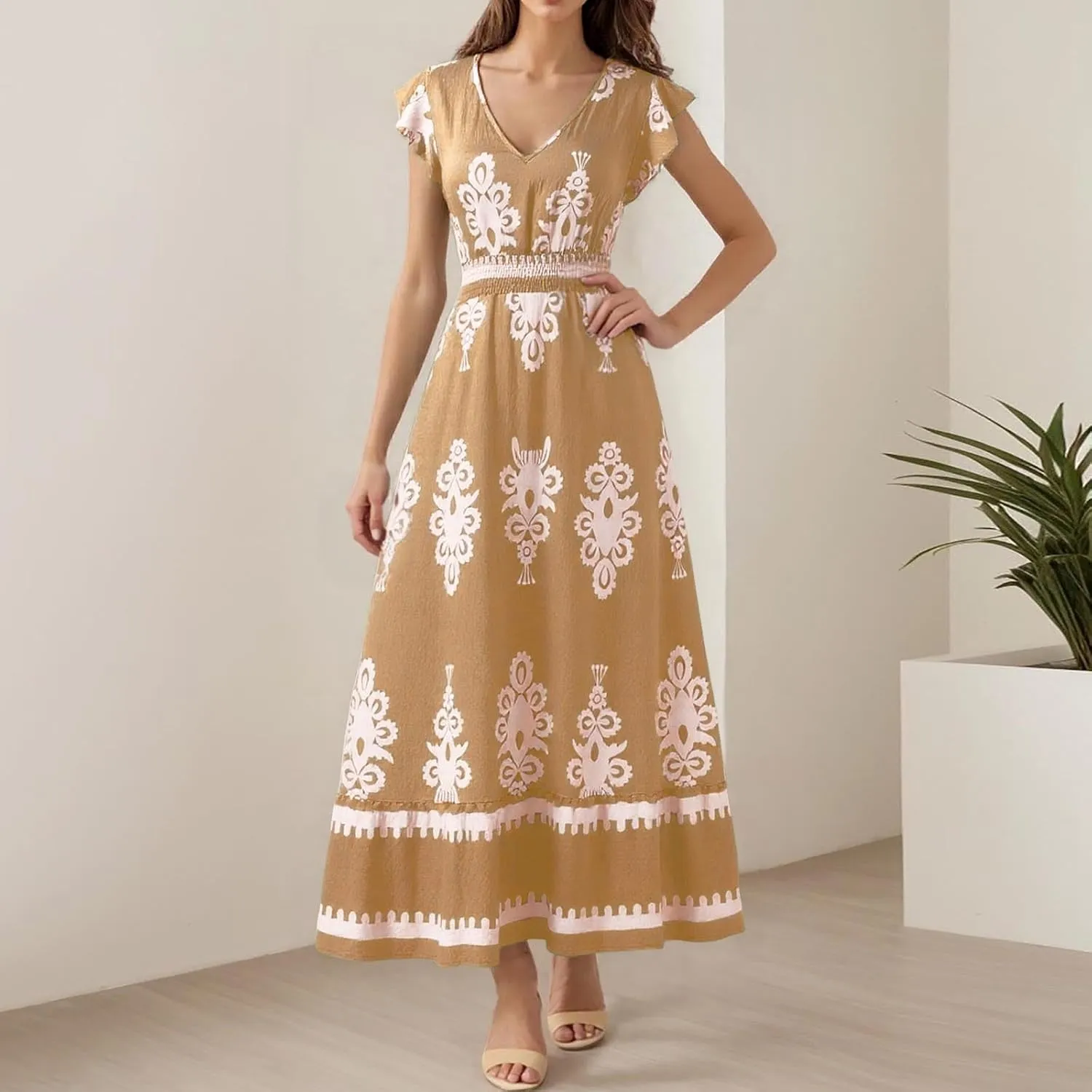 Womens Summer Maxi Dress Floral Printed Casual Sleeveless Spaghetti Strap Elastic Waist Ruffle Beach Sundress 2025 Vacation