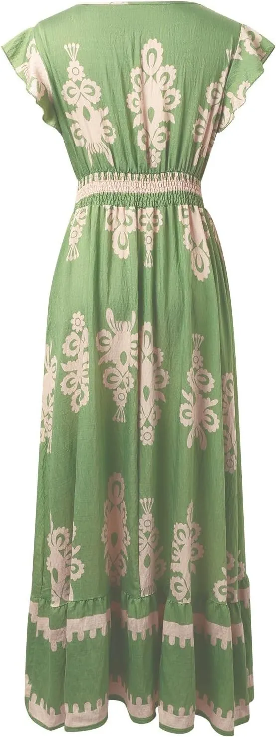 Womens Summer Maxi Dress Floral Printed Casual Sleeveless Spaghetti Strap Elastic Waist Ruffle Beach Sundress 2025 Vacation