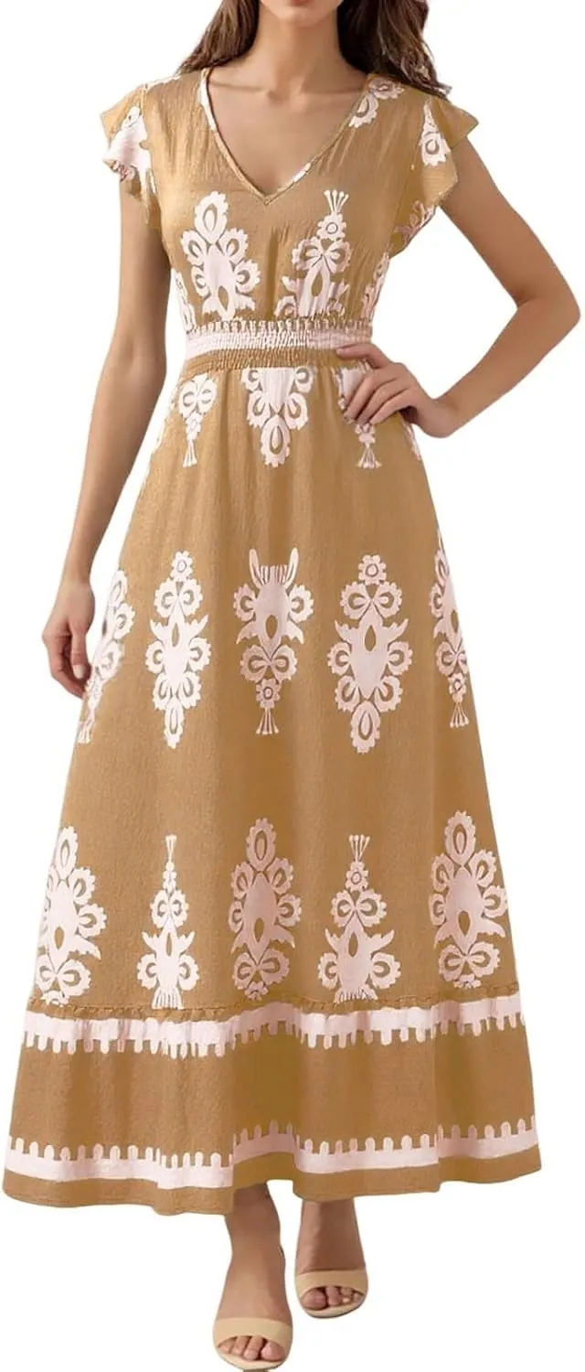 Womens Summer Maxi Dress Floral Printed Casual Sleeveless Spaghetti Strap Elastic Waist Ruffle Beach Sundress 2025 Vacation