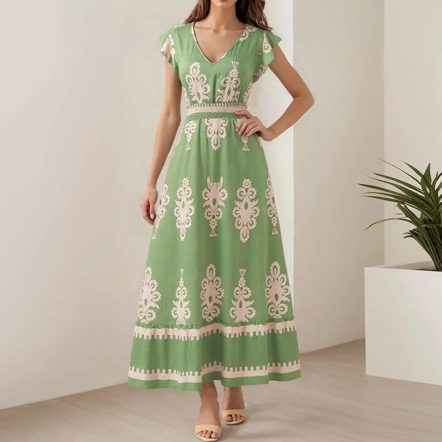 Womens Summer Maxi Dress Floral Printed Casual Sleeveless Spaghetti Strap Elastic Waist Ruffle Beach Sundress 2025 Vacation