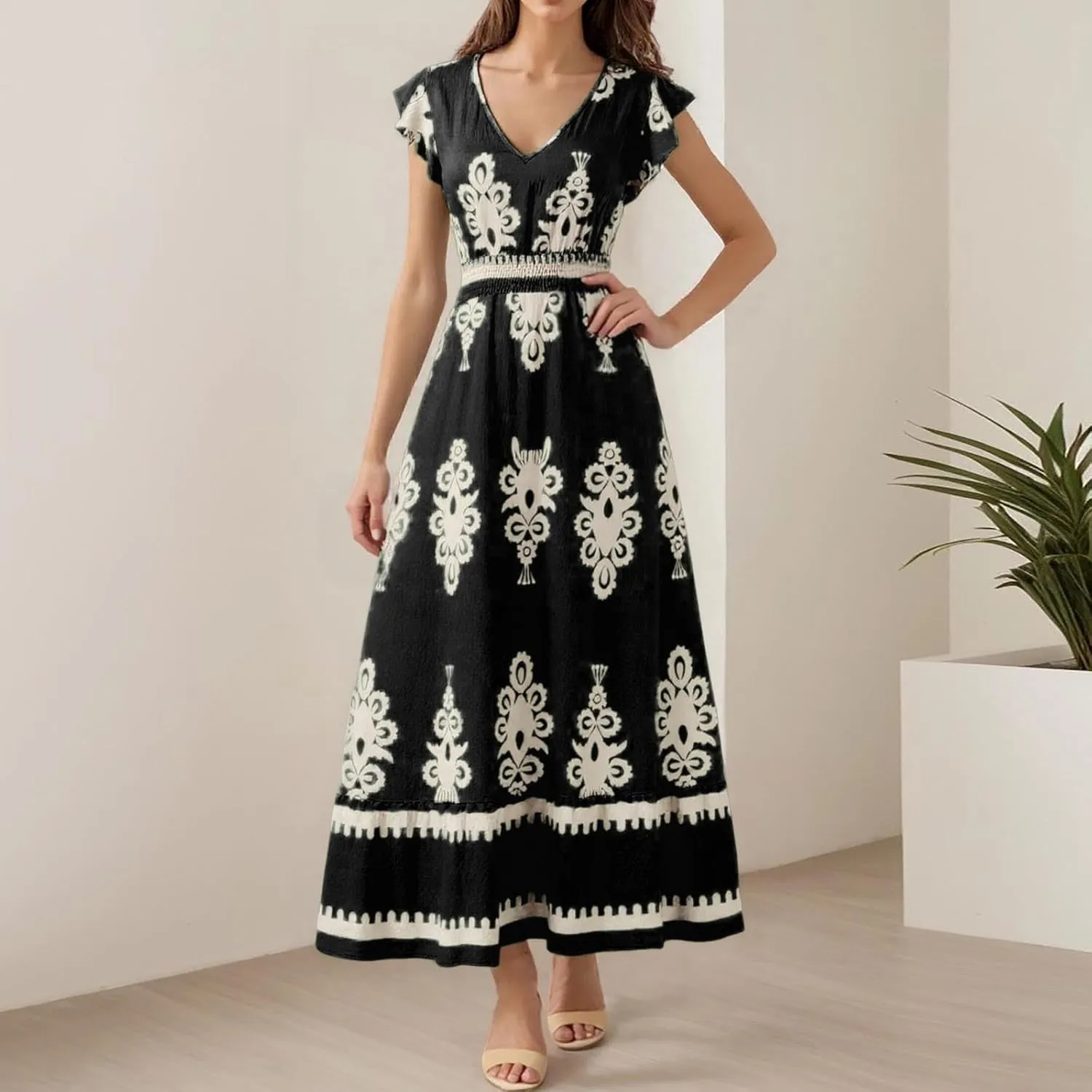 Womens Summer Maxi Dress Floral Printed Casual Sleeveless Spaghetti Strap Elastic Waist Ruffle Beach Sundress 2025 Vacation
