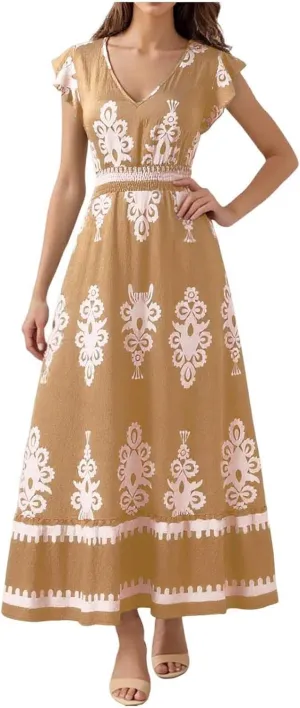 Womens Summer Maxi Dress Floral Printed Casual Sleeveless Spaghetti Strap Elastic Waist Ruffle Beach Sundress 2025 Vacation